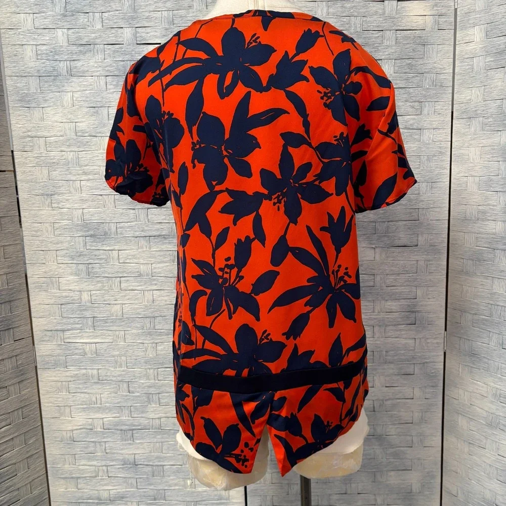 J. Crew Orange Navy Floral Print Short‎ Sleeve Tunic Top Medium